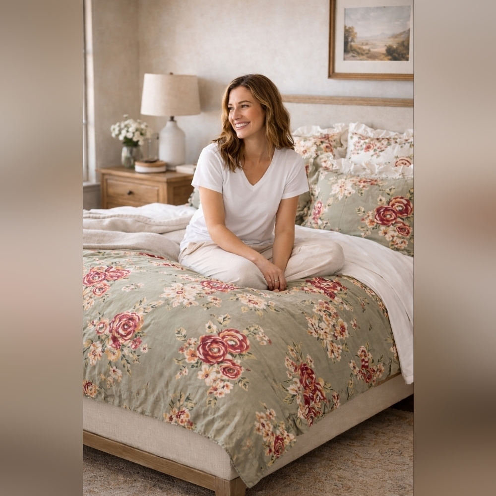 Pottery Barn Floral Full/Queen Duvet Cover Set – 5-Piece w/ Ruffled Shams